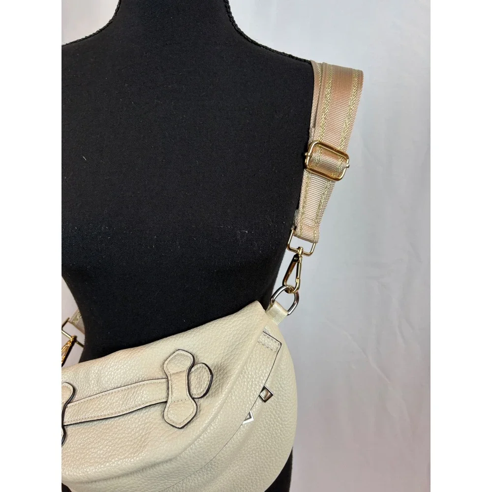 Cream Pebbled Faux Leather Crescent Sling Bag Crossbody Belt Bag Gold Hardware